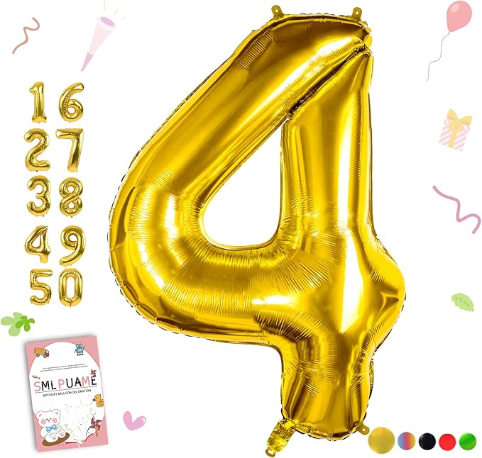 Smlpuame 40 inch Number Balloon 0-9 Gold Large Number 4 Balloons,Digital Balloons for Birthday Party Celebration Decorations Supplies, Helium Foil Number Balloons for Wedding Anniversary
