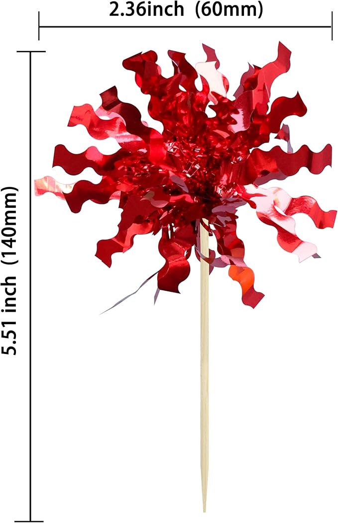 Gyufise 30Pcs Foil Firework Cupcake Toppers Sparkle Tinsel Cake Toppers Tinsel Drink Cake Decoration Cocktail Picks for Birthday Wedding Graduation Party Supplies Red