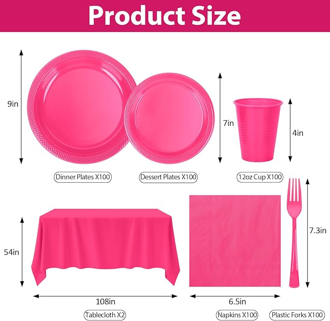 Cerise Plastic Plates Set-100 Guest 9" Dinner Plates & 7" Dessert Plates,12 oz Cups,Napkins,Forks,Hot Pink Disposable Plastic Tableware for Girls Women,Summer Party,Birthday