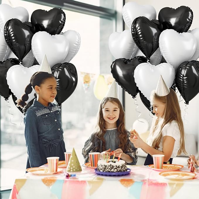 Black White Heart Balloons, 18 Inch Large Matt Black and White Heart Shape Foil Helium Balloon for Birthday Wedding Graduation Engagement Baby Shower Valentines Bachelorette Party Decoration