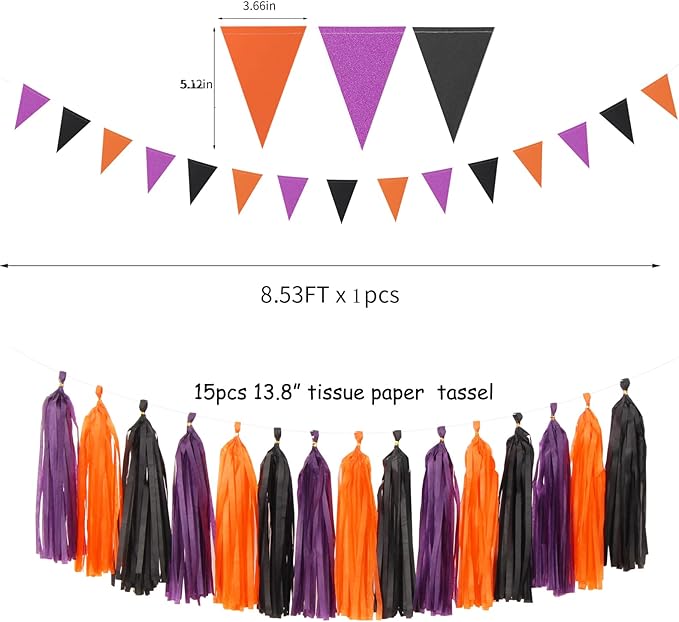 Black Purple Orange Halloween Party-Decorations - 23pcs Tissue Pom Poms Streamers,Tassel Garland Banner,Graduation 2025 Birthday Wedding Baby Bridal Shower Decor Bunting Lasting Surprise