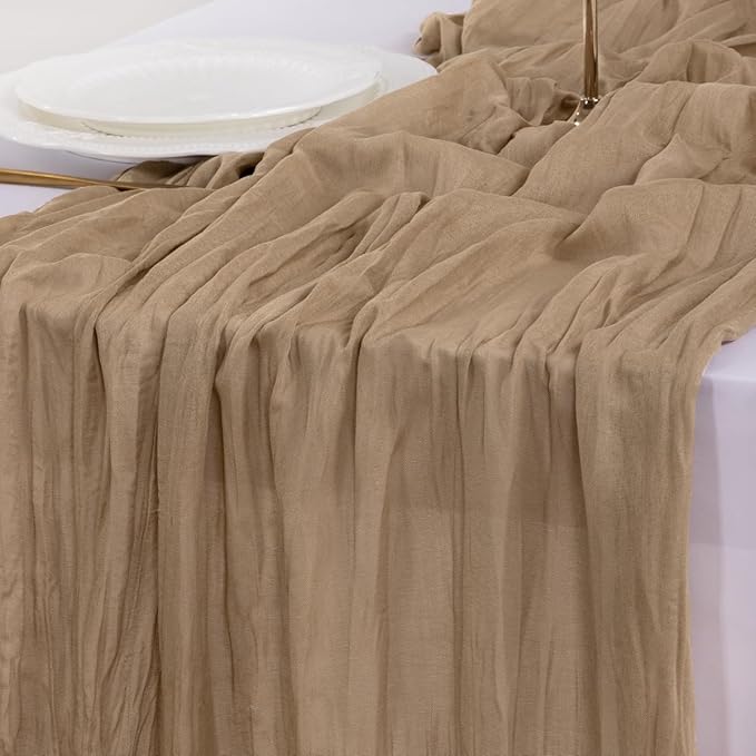 Socomi 3pcs Nude Brown Cheesecloth Table Runner Easter Spring Boho Rustic Gauze 120 inch 10FT Cheese Cloth Runner for Wedding Party Baby Shower Birthday Home Decor Holiday Decorations