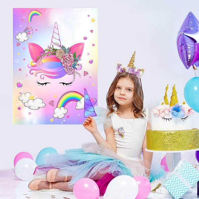 NEBURORA Pin The Horn on The Unicorn with 30 PCS Horns Birthday Party Supplies for Girls Birthday Christmas Party Game for Kids