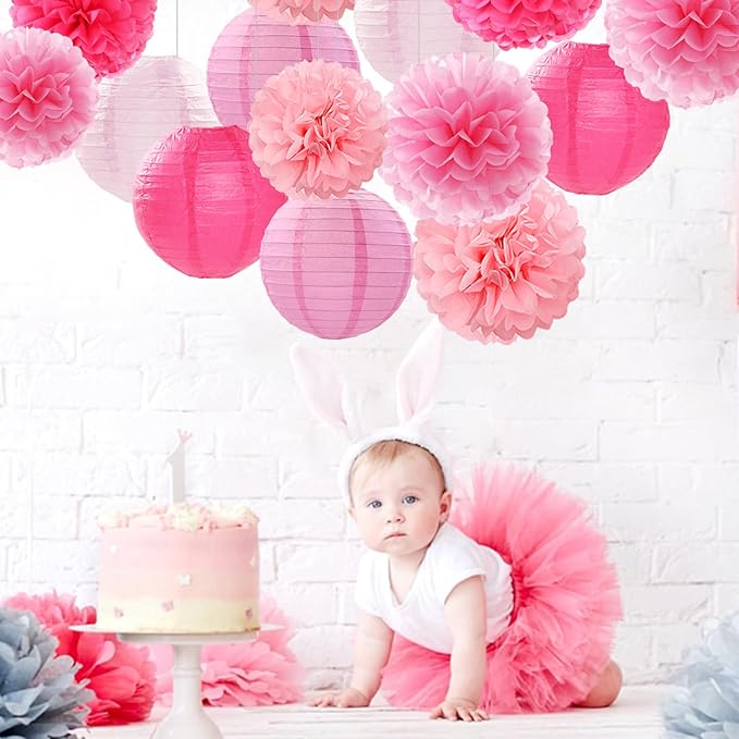 Light-Hot Pink Party-Decorations Paper-Flowers Lanterns - 15pcs Graduation Girl Birthday Decor Tissue Pom Poms Streamers, Bridal Baby Shower Wedding Bachelorette Valentine Hanging Supplies Hugfond