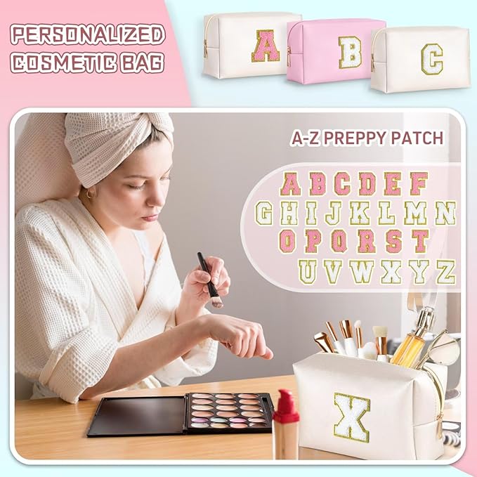 TOPEAST Preppy Small Makeup Bag, Chenille Letter Pouch Cosmetic Bag With Zipper, PU Leather Waterproof Toiletry Bag, Personalized Birthday Gift for Women, Cute Stuff for Girls (White D)