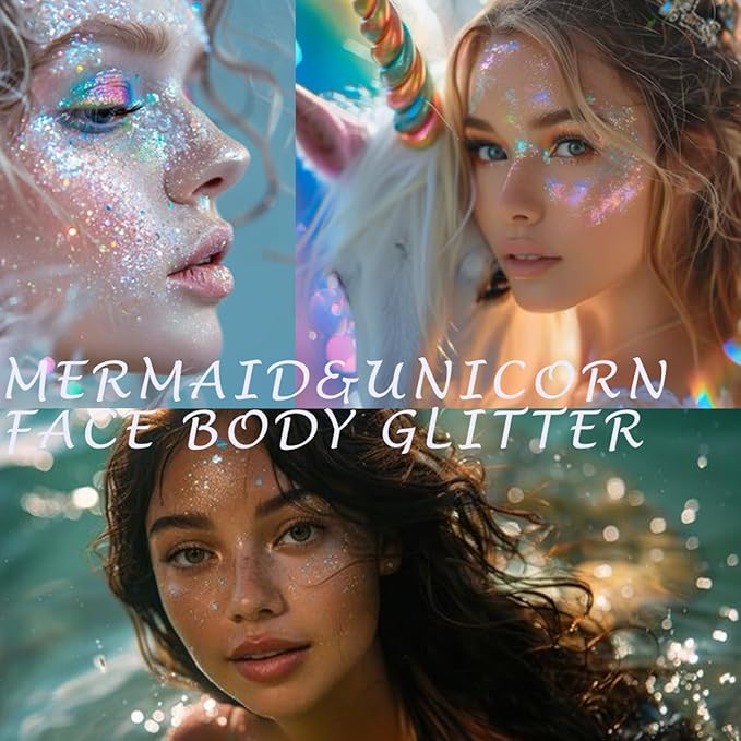White Face Glitter Gel,Mermaid Body Glitter,Festival Rave Carnival Halloween Hair Sequins Face Glitter Paint Makeup,St Patricks Day Accessories,Sparkling Chunky for Women&Kids,50ML