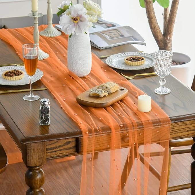 Artoid Mode Pearl Orange Gauze Table Runner 59x120 Inch , Seasonal Sheer Kitchen Dining Holiday Wedding Birthday Baby Shower Table Decor for Home Party