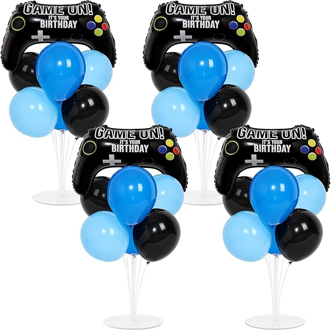 4 Sets Video Game Birthday Party Balloons Stand Kit with Game Handle Foil Balloons Black Blue Party Ball Balloon Centerpiece for Tables for Boy Girl Video Gamer Gaming Birthday Baby Shower Decoration
