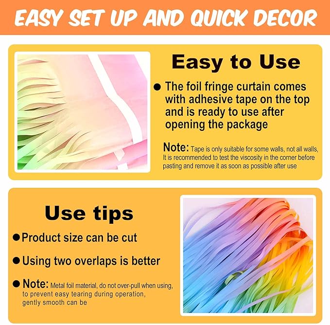 6 Pack Light Rainbow Foil Fringe Curtains Backdrop, 3.28 x 9.8 Ft Metallic Streamers Tinsel Curtains Background for Photo Booth, Birthday, Halloween, Christmas, New Year Party Decorations