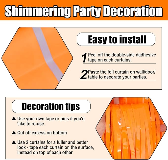 3 Pack Macaron Orange Foil Fringe Curtain Backdrop, 3.28Ft x 8.2Ft Metallic Tinsel Foil Fringe Streamer Curtains for Photo Booth, Mother's Day, Easter, Birthday, Wedding Party Decorations