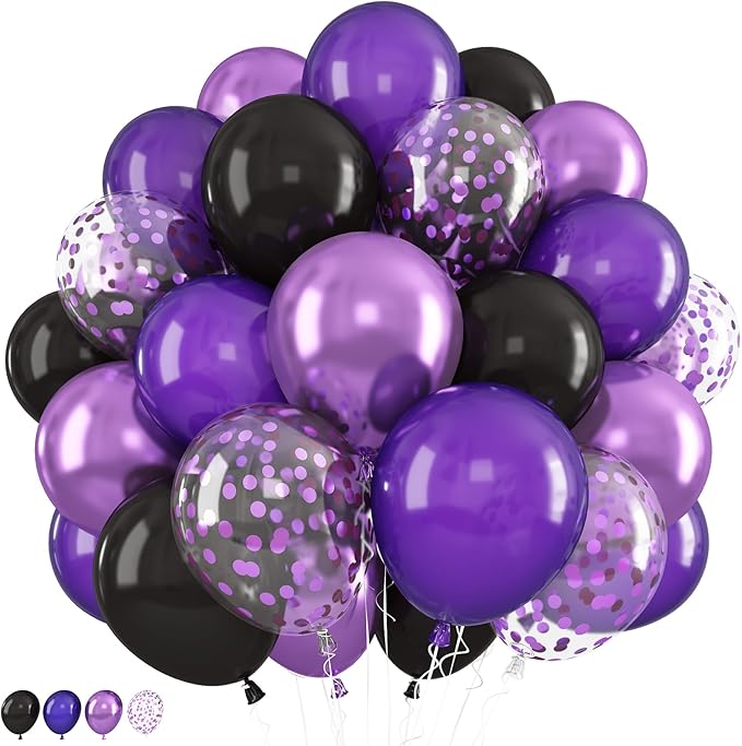 Purple and Black Balloons, 12 Inch Metallic Purple Black Party Balloons Confetti Latex Helium Balloon for Halloween Graduation Birthday Wedding Party Decorations