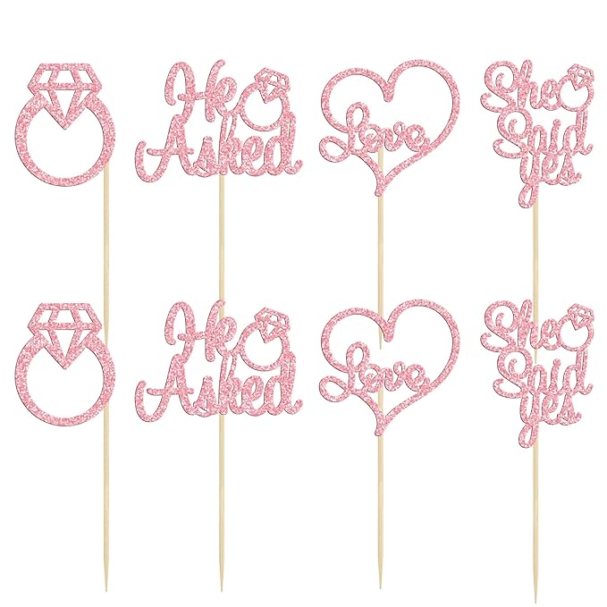 Gyufise Pink 24Pcs He Asked She Said Yes Cupcake Toppers Diamond Ring Heart Cake Picks for Wedding Engagement Party Cake Decorations