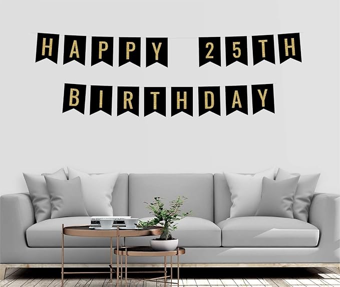 Andaz Press Faux Gold Glitter on Black Birthday Party Banner Decorations, Happy 25th Birthday, Approx 5-Feet, 1-Set, Milestone Colored Hanging Pennant Decor