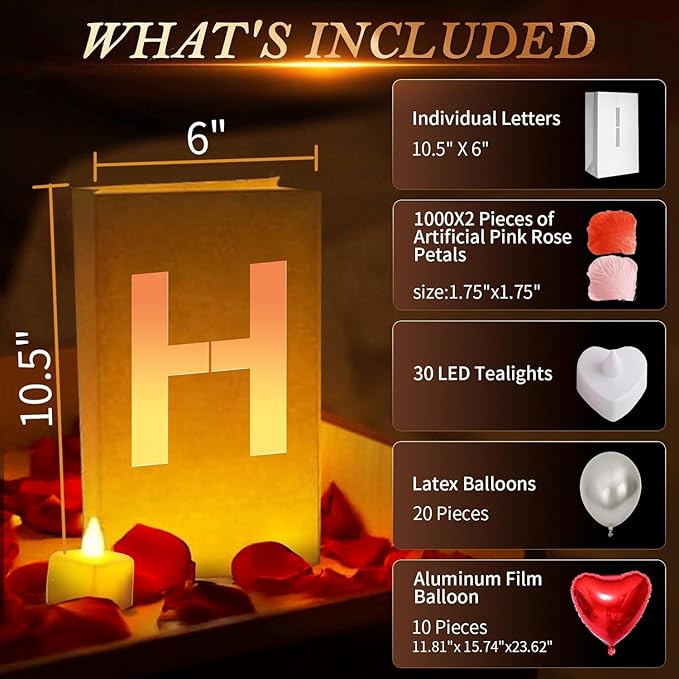 Happy Anniversary Light Up Letters, Include Light up Letters, with Tea Lights Candles, Latex Balloons, Aluminum Balloons and Rose Petals, Anniversary and Valentines' Day Decorations for Women