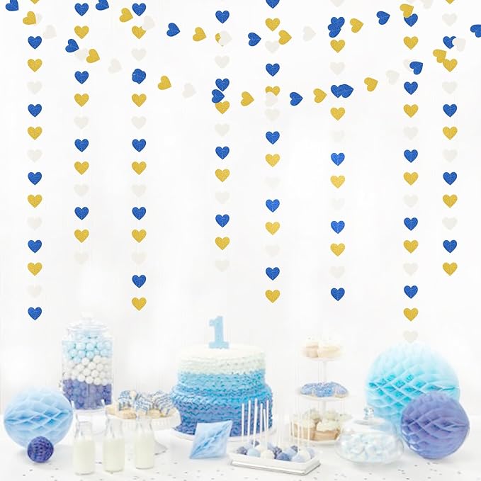 Navy-Blue White-Gold Birthday Party-Decorations Streamers - 52FT Graduation Hanging Heart Garland Banner,Baby Bridal Shower Wedding Engagement Bachelorette Backdrop Decor Hugtmr
