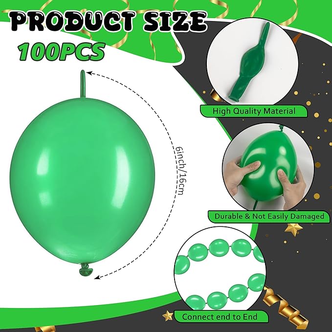 Link Balloons 6 Inch - 100 Pcs Quick Link Balloon Latex Linking Balloons Connected Linkable Balloon Birthday Wedding Party Decorations(Green)