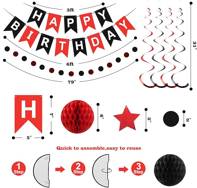 meowtastic Birthday Decorations, Happy Birthday Banner with Honeycomb Balls, Star Hanging Swirl Streamers, Circle Dots Garland, Happy Birthday Party Decorations for Women Men Boys Girls (Red & Black)