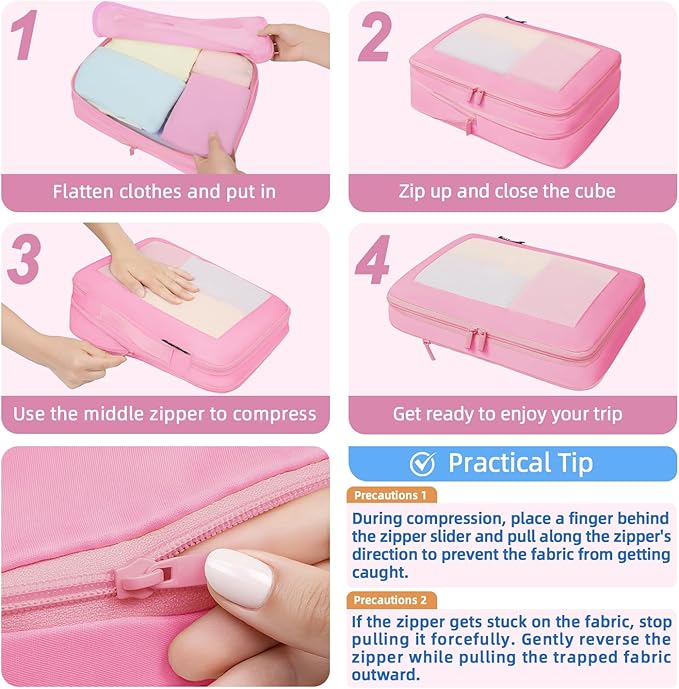 BAGAIL 4 Set/6 Set/8 Set Compression Packing Cubes Travel Accessories Expandable Packing Organizers (Square Mesh, 06-Pink)