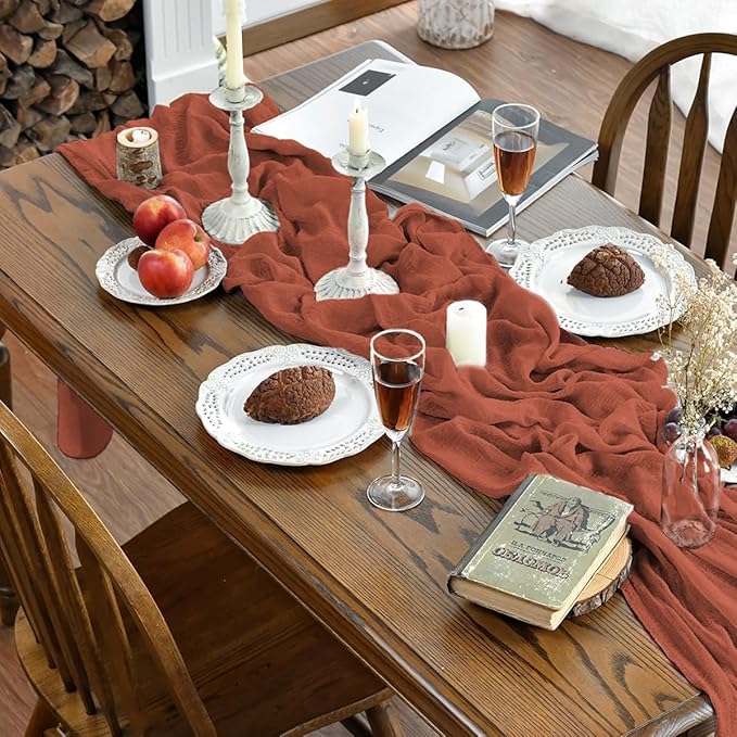 Artoid Mode Boho Cheesecloth Gauze Terracotta Wedding Table Runner, 160 Inch Seasonal Fall Thanksgiving Fabric Kitchen Dining Holiday Table Decor for Home Party Indoor