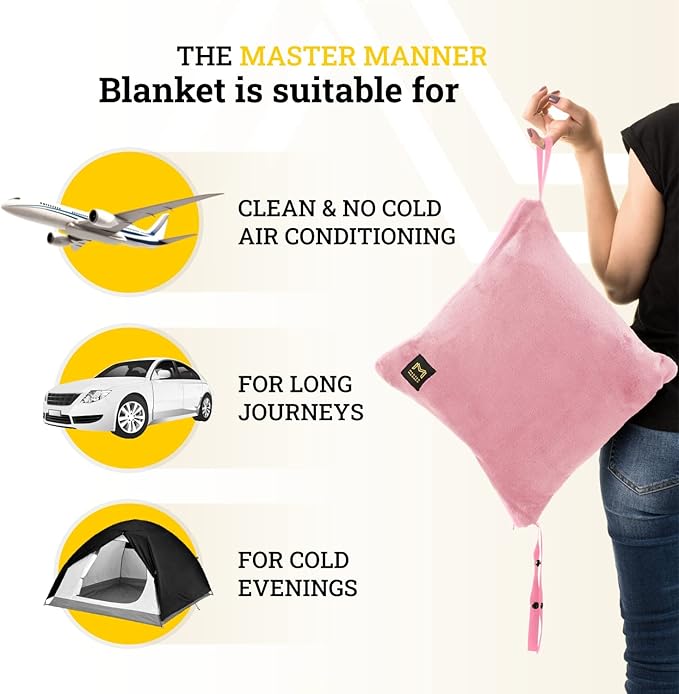 Travel Blanket Airplane Compact with Hoodie – 2in1 Airplane Travel Accessories from Plane Blanket to Travel Pillow with Luggage Strap, Soft Handle & Secure Pocket (Light Pink, 62x41'')