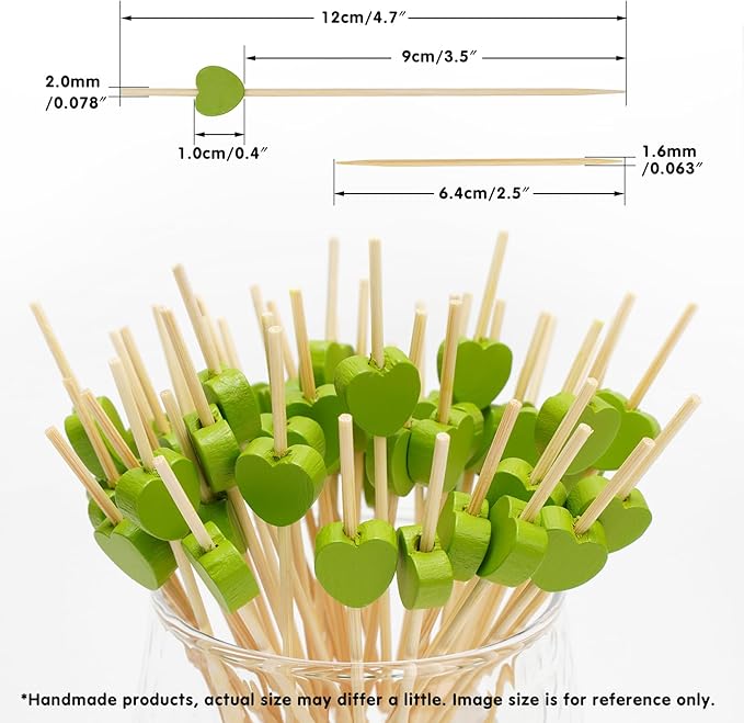 Minisland Green Love Heart Cocktail Picks, 4.7 Inch Long Bamboo Fancy Toothpicks for Appetizers, Decorative Spring Summer Wedding Party Food Drinks Garnish Fruit Kabob Skewer Sticks 100 Counts -MSL442