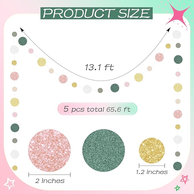 Outus 5 Pieces Colorful Dots Paper Garland Easter Decor Round Glitter Hanging Confetti Streamers Backdrop for Spring Birthday Classroom Halloween Trunk or Treat Car Decoration (Sage Green,Pink,Gold)