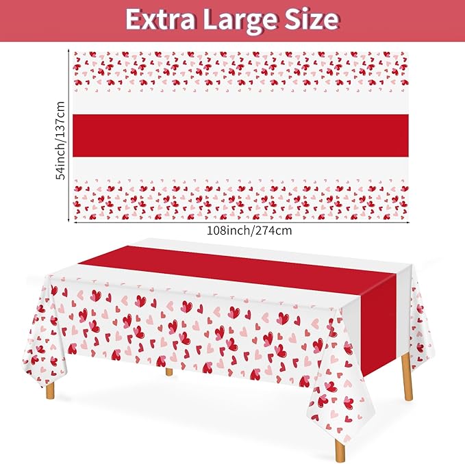 2 Pcs Valentines Plastic Tablecloth 108x54 Inch Love Heart Disposable Table Cloth Red White Rectangle Table Cover for Valentines Day Anniversary Engagement Party Decorations Supplies