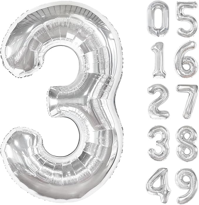 40 Inch Silver 3 Large Number Balloon, 3 13 23 30 33 36 Silver Birthday Party Decorations, Number Three Foil Balloons for Anniversary Party Graduations Celebration Supplies