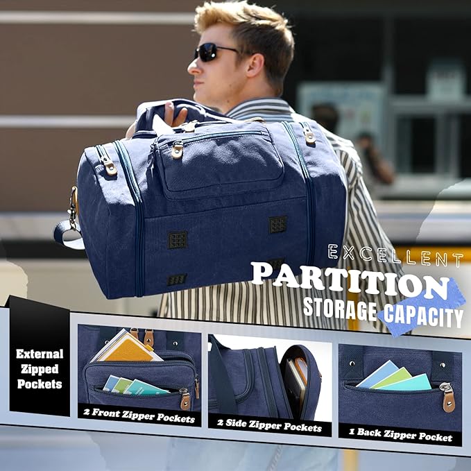 Gonex Canvas Duffle Bag for Travel 50L Expandable Duffel Weekend Overnight Bag men (Blue)