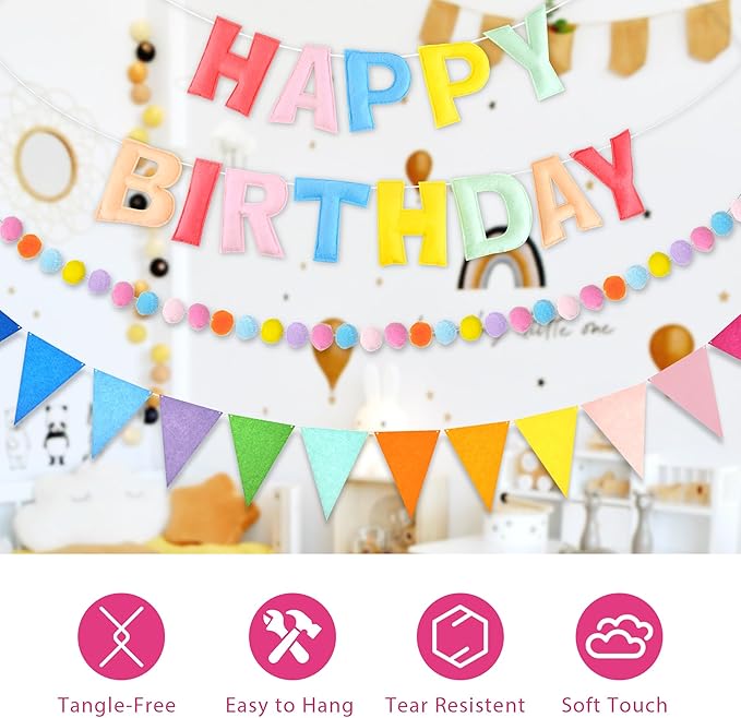 CANREVEL Pre-Strung 3D Happy Birthday Banner, 3 PCS Pastel Felt Garland, Pom Pom Garland, Triangle Fabric Bunting, Reusable Pastel Birthday Decorations for Women Girl
