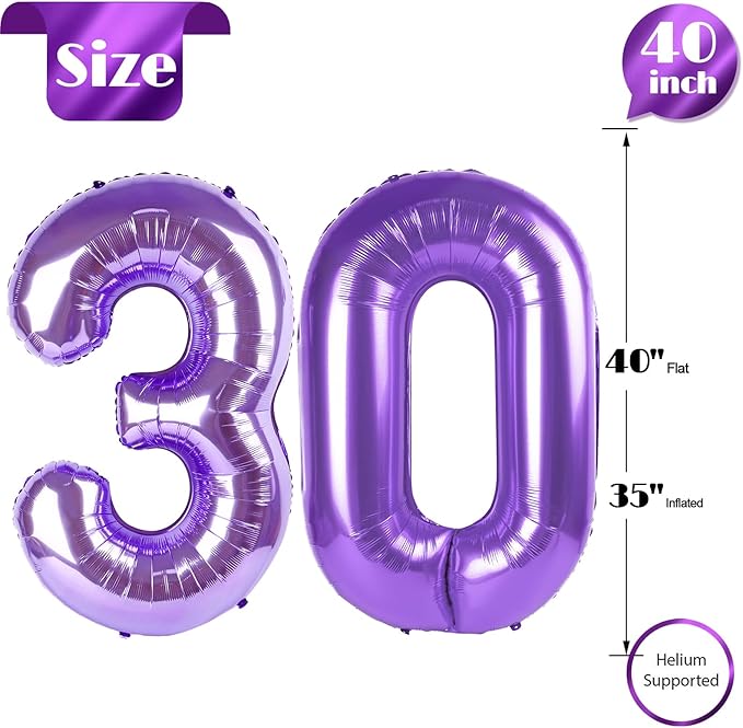 30 Balloon Number, Purple Number 30th Birthday Balloons 40 Inch, 30 Years Old Purple Birthday Decorations for Men Women, 30th Anniversary Decorations