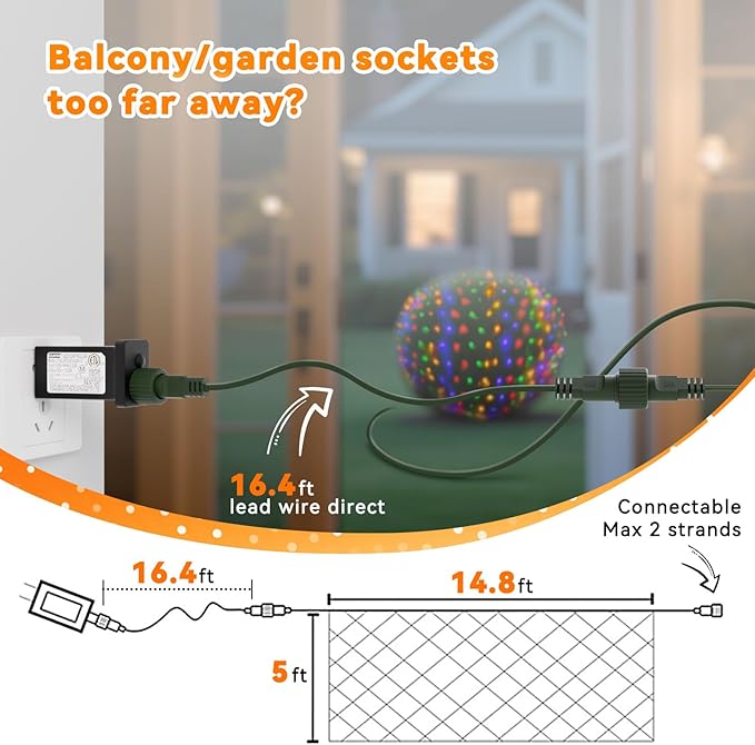 LitHome 14.8FT x 5FT Led Christmas Net Lights Outdoor, 300 LED Multicolor Christmas Net Lights for Bushes Connectable, 8 Modes Colorful Giant Mesh Light Green Wire for Yard, Garden, Party, Tree Decor