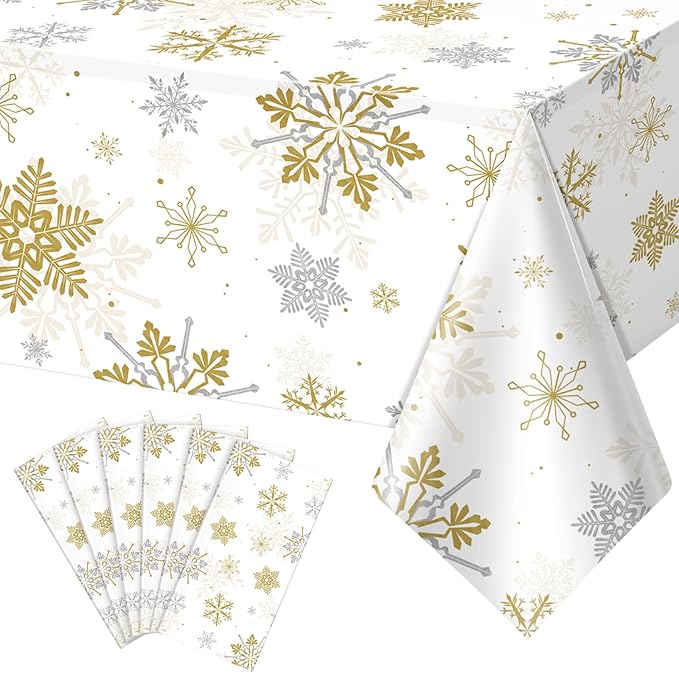 6Pcs Christmas Snowflake Party Tablecloths Decorations,Plastic White and Gold Table Cloth,Winter Rectangle Table Cover for Christmas New Year Birthday Baby Shower Holiday Party Decorations,54x108 inch