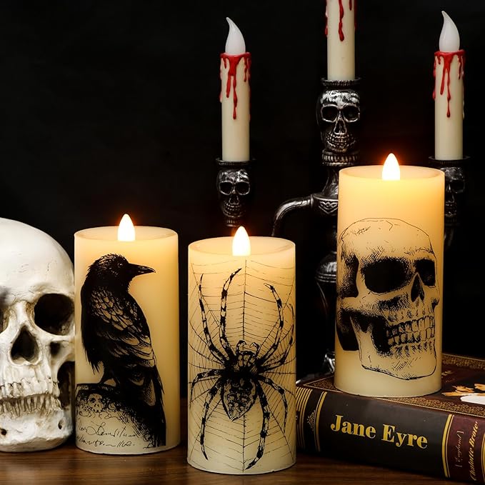 Eldnacele Halloween Flickering Candles with Skull, Spider Web, Crow, Raven Decals, Set of 3 Flat Wick Battery Operated Halloween Themed LED Candles with Remote Timer Spooky Decor