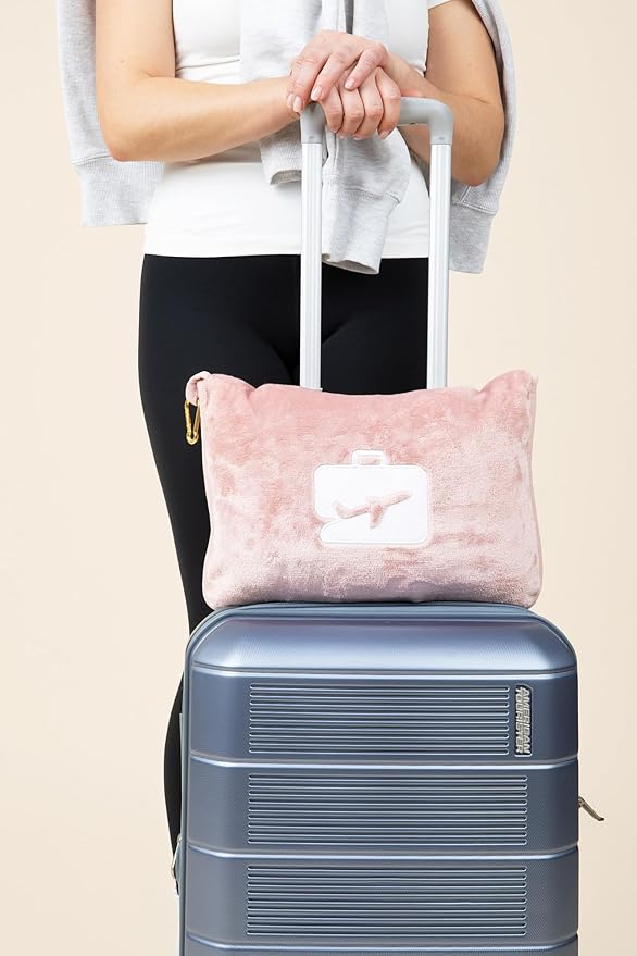 EverSnug Travel Blanket and Pillow - Ultra-Soft, Compact & Lightweight, 65x40 Inches, with Carry Case, Luggage Sleeve & Backpack Clip for Airplane Comfort (Light Pink)
