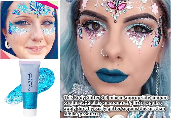 Go Ho Light Blue Face Body Glitter Gel,Blue Mermaid Face Paint Makeup,Holographic Chunky Sequins Glitters for Eye Lip Hair,Halloween Costumes Festival Rave Accessories,52g