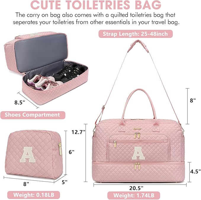 Initial Travel Duffle Bag for Women - Pink Personalized Weekender bags Overnight Bag with Shoe Compartment & Wet Pocket Weekend Tote Bags with Toiletry Bag Monogram Christmas Gifts (Letter A)