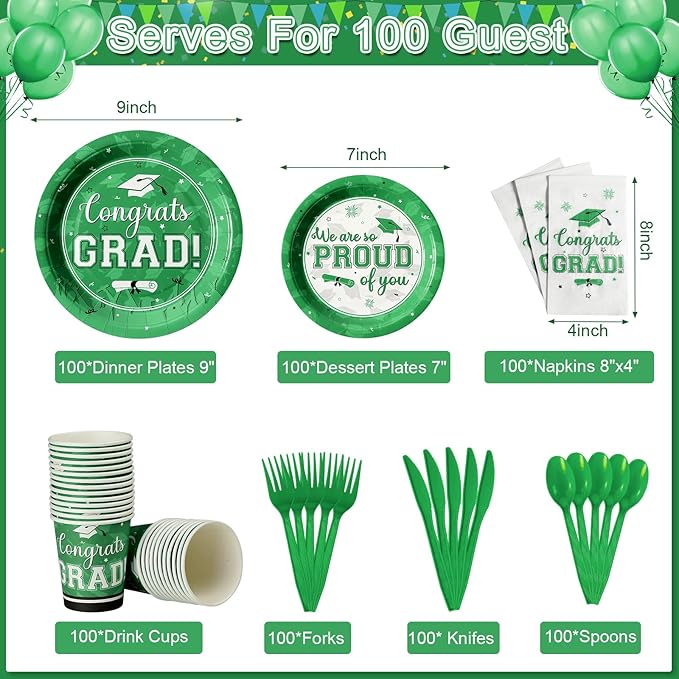 Graduation Party Supplies Congrats Grad Plates and Napkins Set Disposable Tableware Paper Plates Napkins Cups Knives Spoons Forks Straws for Class of 2026 Graduation Party Decorations Serve100 (Green)