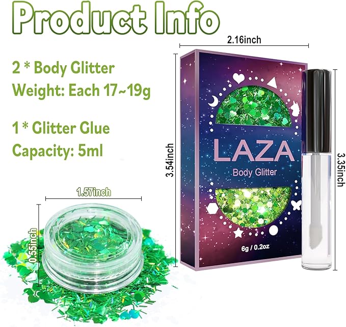 Laza 2 Jars St. Patrick’s Day Body Glitter Iridescent Chunky Sequins with Glitter Glue Women Eyeshadow Makeup Face Paint Festival Rave Outfits Hair Accessories Carnival Brat Party Costumes-Green Field