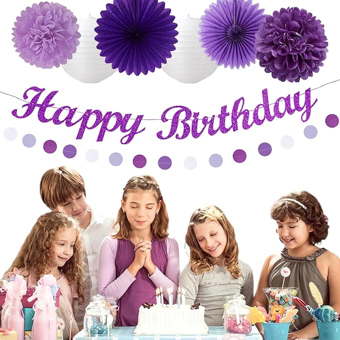 Purple White Birthday Party-Decorations Paper-Flowers - 14pcs Happy Banner Lavender Lanterns Tissue Pom Poms,Lilac Streamers Garland Fans,Women Girls Adult Kids Office Hanging Supplies Decor Hugfond