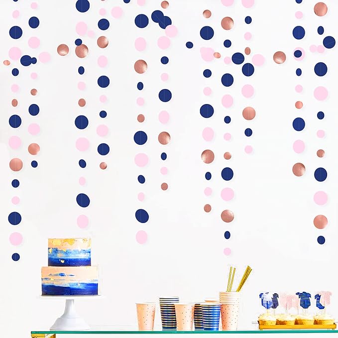 46Ft Navy Blue Blush Circle Dot Garland Royal Blue Pink Rose Gold Hanging Paper Polka Dot Streamer for Gender Reveal Baby Shower Birthday Engagement Wedding Bridal Shower Anniversary Party Decorations
