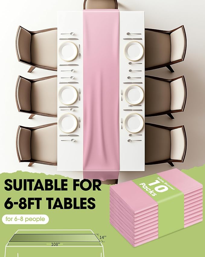 Pureegg Light Pink Plastic Table Runners - 10 Pack, 14'' x 108'', Water Resistant & Disposable Centerpiece Decorations for Table Cloth, Wedding, Birthday, Holiday, Baby Shower, Party, Home Decor