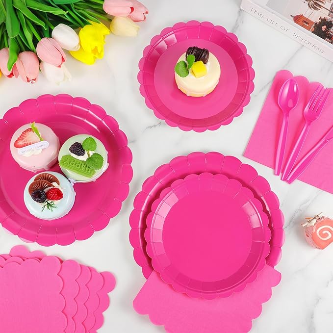350 Pcs Hot Pink Paper Plates and Napkins, 50 Guest Hot Pink Party Supplies Include Scalloped Plates Napkins Cups Plastic Cutlery for Baby Shower,Birthday,Bridal Shower