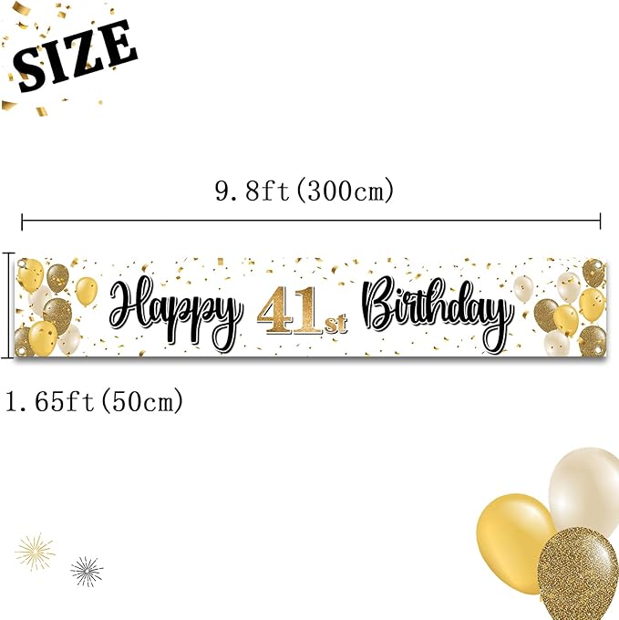 Happy 41st Birthday Decorations,41st Gold Balloon Large Birthday Hanging Banner Sign,41 Years Old Bday Party Supplies.