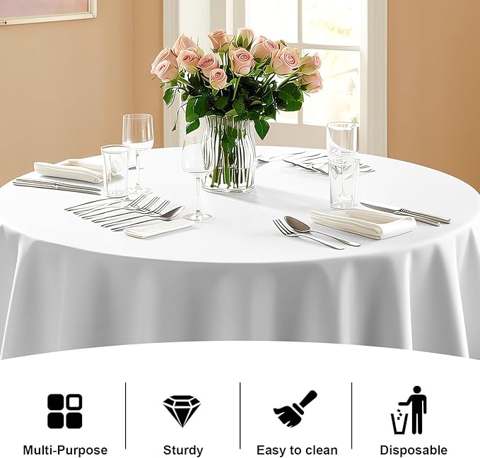 12 Pack Premium White Plastic Table Cloth -96 Inch Round Tablecloth, Disposable Tablecloth Plastic Table Cover for Parties (12, White, 96" Round)