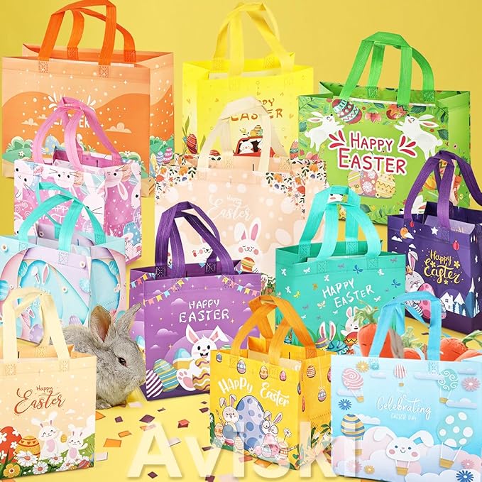 6PCS Happy Easter Egg Hunt Bags, Assorted Sizes Easter Bunny Carrot Chick Egg Gift Bags with Handles, Easter Treat Bags, Multifunctional Non-Woven Easter Bags for Gifts Wrapping, Egg Hunt Game, Easter