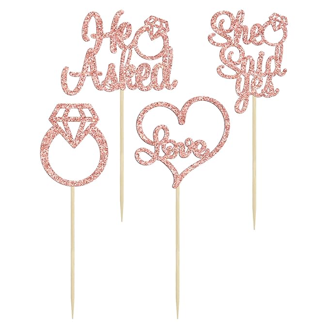 Gyufise 24Pcs Rose Gold He Asked She Said Yes Cupcake Toppers Diamond Ring Heart Cake Picks for Wedding Engagement Party Cake Decorations