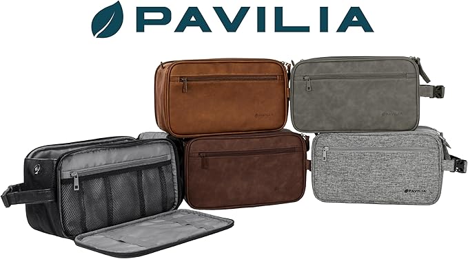 PAVILIA Toiletry Bag for Men, Travel Essentials Shaving Dopp Kit, Mens Travel Bag Toiletries Organizer Case for Grooming, PU Leather Water Resistant Cosmetic Bag Pouch (XL, Dark Grey)