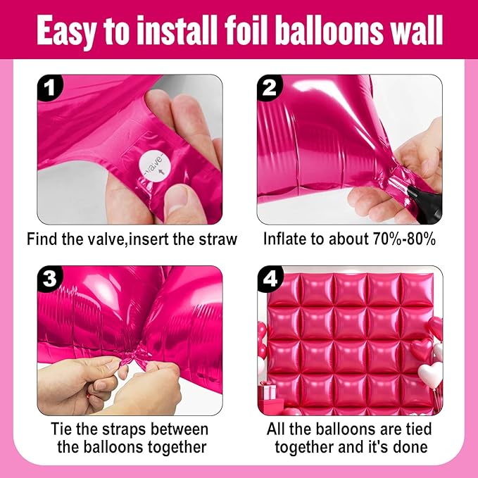 50Pcs Hot Pink Square Foil Balloons Wall Backdrop, Double Sided Metallic Foil Balloons Tunnel Arch Garland Kit for Photo Booth Birthday Wedding Halloween Christmas Party Decorations