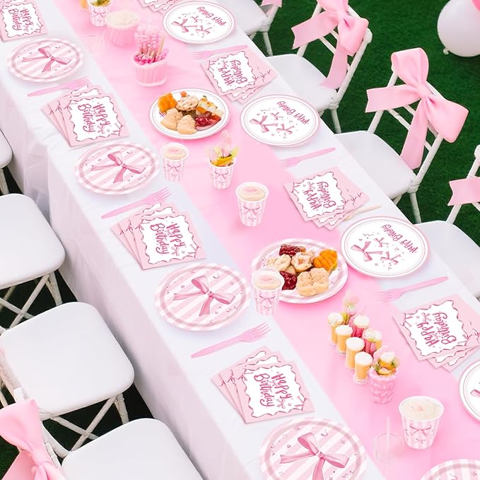 REDWORD Pink Bow Birthday Decorations, 120Pcs Bow Party Tableware Plates Napkins Cups for Pink Birthday Girls Bachelorette Party Decorations-Serves 24